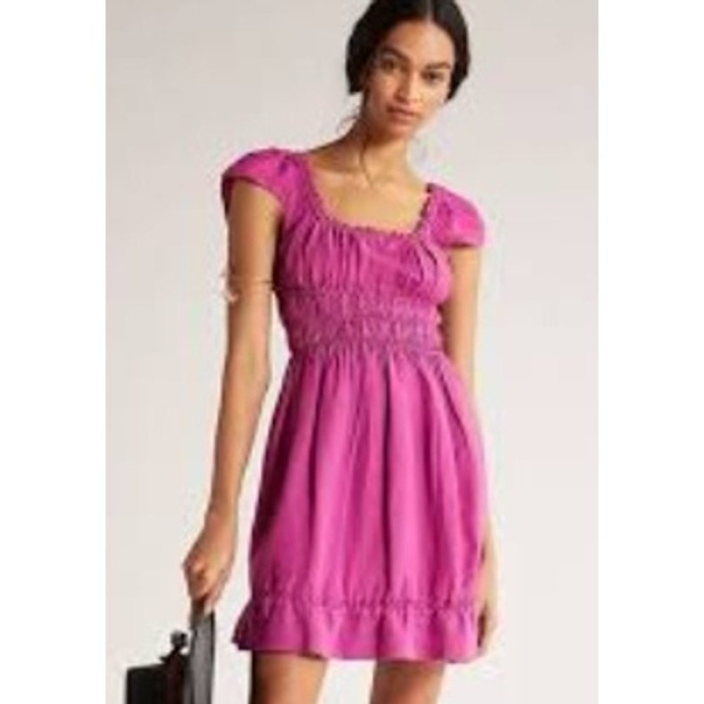 Anthropologie‎ Ariana Womens Dress Magenta Smocked Square Neck Tie Back Mini - Picture 2 of 6